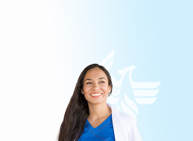 A smiling nurse wearing blue scrubs and a white coat against a blue background
